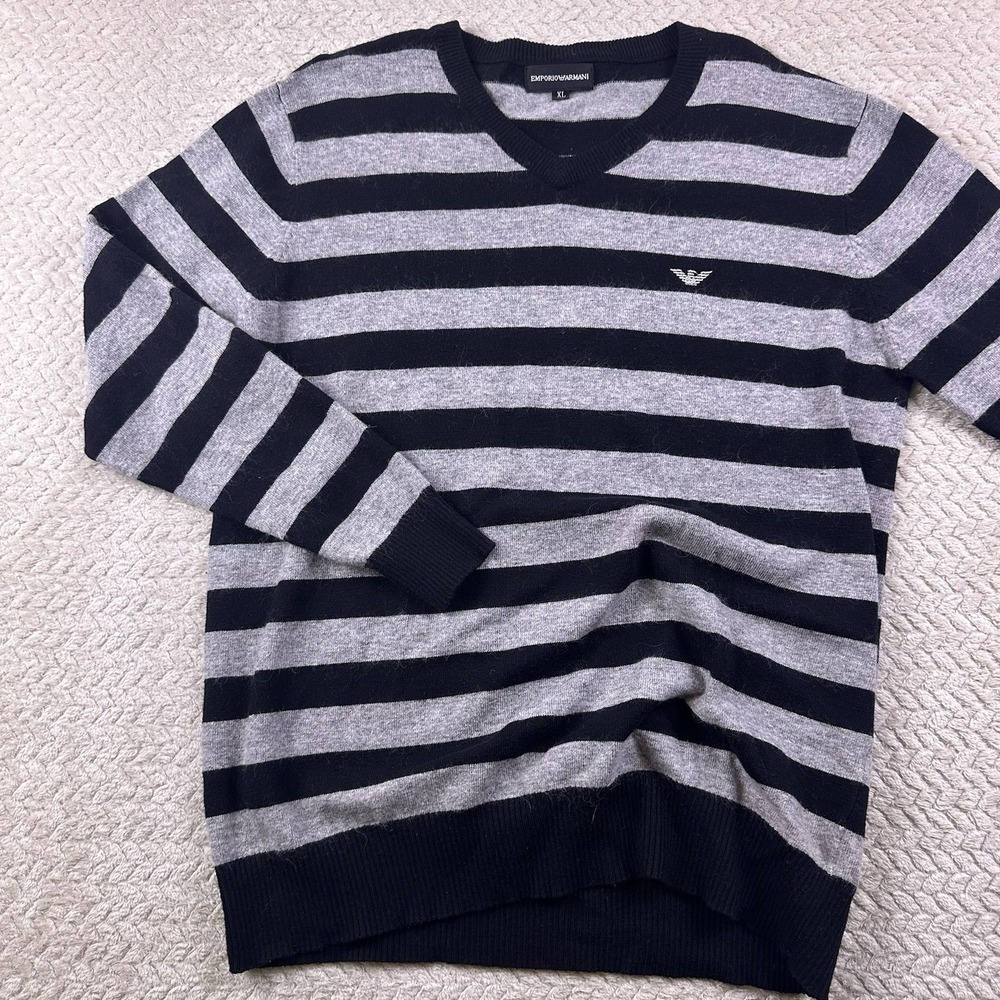 Emporio Armani Wool Angora Women's Sweater XL Black‎ Gray Striped Cozy